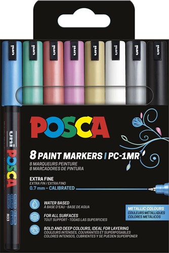 Uni POSCA paintmarker PC-1MR, 0,7 mm, etui van 8 stuks in geassorteerde metallic kleuren