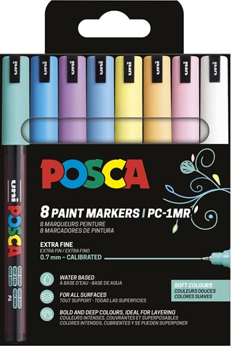 Uni POSCA marqueur peinture PC-1MR, 0,7 mm, étui de 8 pièces en couleurs douces assorties