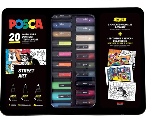 Posca marqueur peinture, boîte en métal de 20 pièces, en couleurs assorties, dessin Street Art