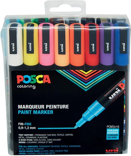 Uni POSCA marqueur peinture PC-3M, 1,5 mm, étui de 16 pièces en couleurs assorties