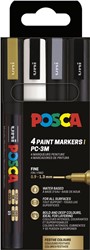 Uni POSCA paintmarker PC-3M, 1,5 mm, etui van 4 stuks in goud, wit, zilver en zwart