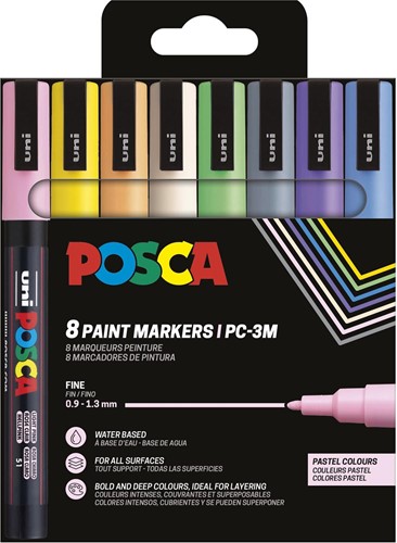 Uni POSCA marqueur peinture PC-3M, 1,5 mm, étui de 8 pièces en couleurs pastel assorties