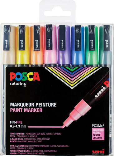 Uni POSCA marqueur peinture PC-3ML, 1,5 mm, pailletté, étui de 8 marqueurs en couleurs pastel assorties