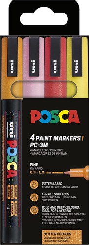 Uni POSCA marqueur peinture PC-3ML, 1,5 mm, pailletté, étui de 4 pièces orange, rose, rouge et jaune