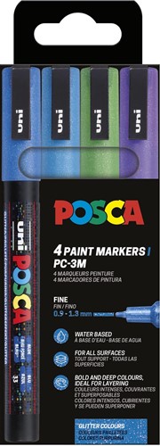Uni POSCA paintmarker PC-3ML, 1,5 mm, glitter, etui van 4 stuks donkerblauw, lichtblauw, groen en violet