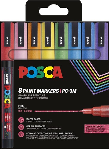 Uni POSCA marqueur peinture PC-3ML, 1,5 mm, pailletté, étui de 8 pièces en couleus assorties