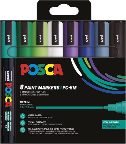 Uni POSCA paintmarker PC-5M, 1,8 - 2,5 mm, etui van 8 stuks in koude kleuren