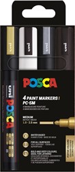 Uni POSCA marqueur peinture PC-5M, 1,8 - 2,5 mm, étui de 4 pièces or, blanc, argent et noir