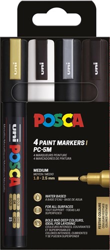 Uni POSCA marqueur peinture PC-5M, 1,8 - 2,5 mm, étui de 4 pièces or, blanc, argent et noir
