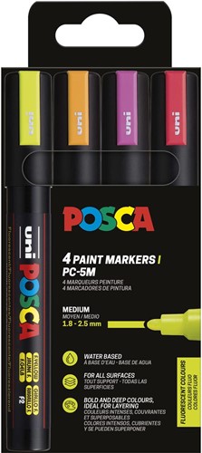 Uni POSCA paintmarker PC-5M, 1,8 - 2,5 mm, etui van 4 stuks in fluo kleuren