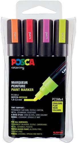 Uni POSCA paintmarker PC-5M, 1,8 - 2,5 mm, etui van 4 stuks in geassorteerde fluo kleuren