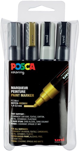 Uni POSCA paintmarker PC-5M, 1,8 - 2,5 mm, etui van 4 stuks in geassorteerde vanallic kleuren 4 Stuk