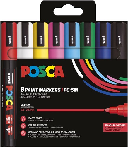 Uni POSCA marqueur peinture PC-5M, 1,8 - 2,5 mm, étui de 8 pièces en couleurs de base