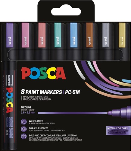 Uni POSCA marqueur peinture PC-5M, 1,8 - 2,5 mm, étui de 8 pièces en couleurs métalliques
