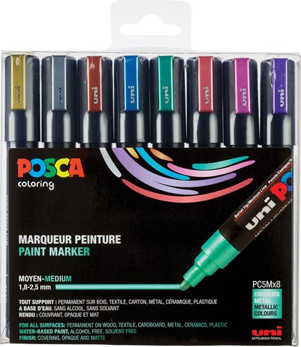Uni POSCA paintmarker PC-5M, 1,8 - 2,5 mm, etui van 8 markers in geassorteerde metallic kleuren