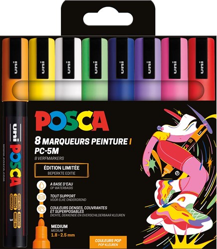 Uni POSCA marqueur peinture PC-5M, 1,8 - 2,5 mm, étui de 8 pièces en couleurs assorties Pop