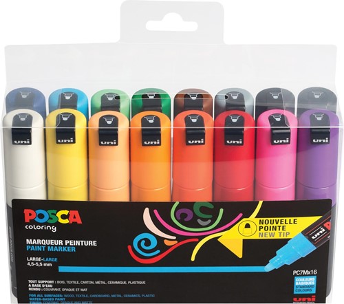 Uni POSCA marqueur peinture PC-7M, 4,5 - 5,5 mm, etui de 16 pièces en couleurs assorties