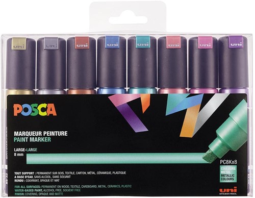 Uni POSCA marqueur peinture PC-8K, 8 mm, étui de 8 pièces en couleurs assorties métalliques