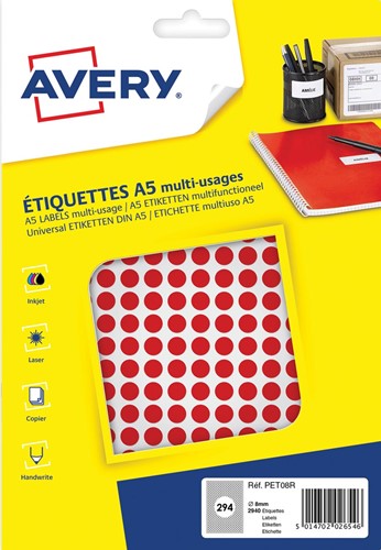 Avery PET08R etiquettes pastilles rondes, diamètre 8 mm, blister de 2940 pièces, rouge