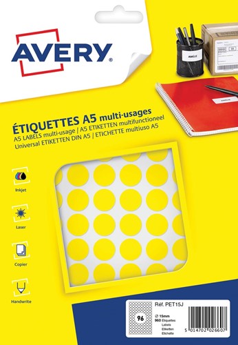 Avery PET15J etiquettes pastilles rondes, diamètre 15 mm, blister de 960 pièces, jaune