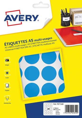 Avery PET30B etiquettes pastilles rondes, diamètre 30 mm, blister de 240 pièces, bleu clair