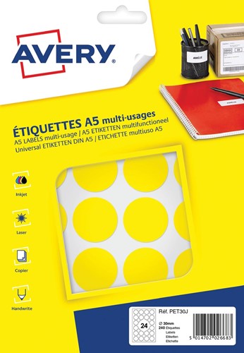 Avery PET30J ronde markeringsetiketten, diameter 30 mm, blister van 240 stuks, geel