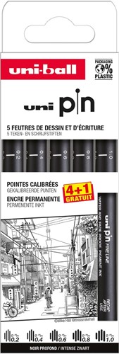 Uni Pin fineliner, gekalibreerde punten, zwart, 0,2-0,4-0,6-0,8-1,0 mm, blister van 4 + 1 gratis