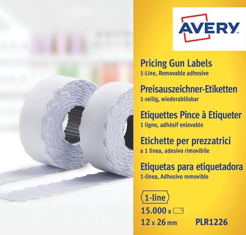 Avery PLR1226 étiquettes pour étiqueteuse enlevable, ft 12 x 26 mm, 15 000 étiquettes, blanc