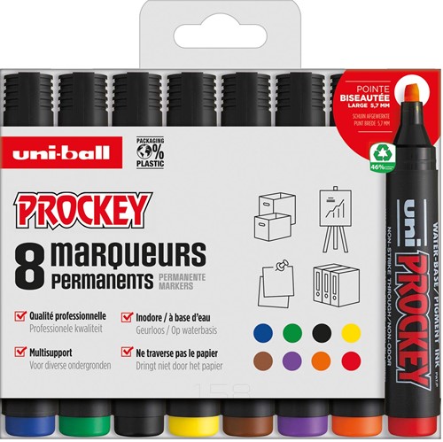Uni-ball permanent marker Prockey PM-126, schuine punt, large, etui van 8 stuks