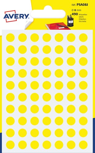 Avery PSA08J etiquettes pastilles rondes, diamètre 8 mm, blister de 490 pièces, jaune