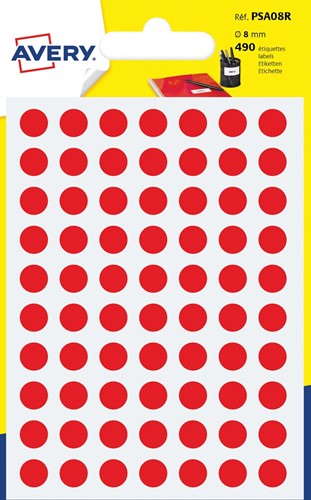 Avery PSA08R etiquettes pastilles rondes, diamètre 8 mm, blister de 490 pièces, rouge