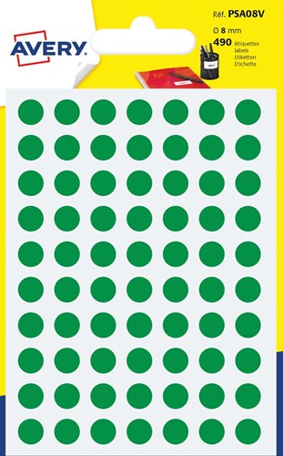 Avery PSA08V etiquettes pastilles rondes, diamètre 8 mm, blister de 490 pièces, vert