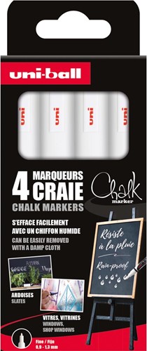 Uni-ball marqueur craie, pointe ronde de 0,9-1,3 mm, étui de 4 pièces, blanc