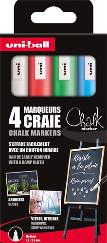 Uni-ball marqueur à la craie, pointe ronde 1,8 - 2,5 mm, étui de 4 pièces, assorti