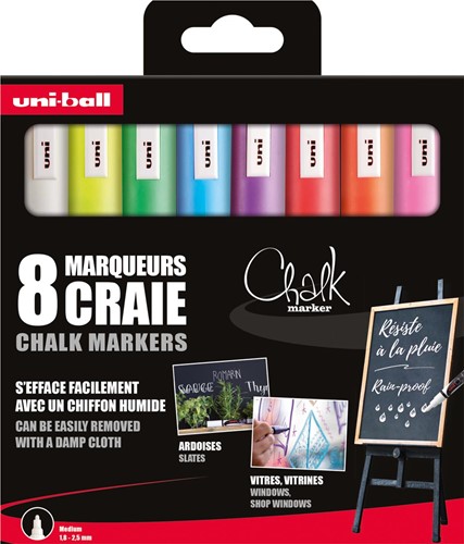 Uni-ball marqueur à la craie, pointe ronde 1,8 - 2,5 mm, étui de 8 pièces, assorti