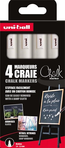 Uni-ball marqueur à la craie, pointe ronde 1,8 - 2,5 mm, étui de 4 pièces, blanc