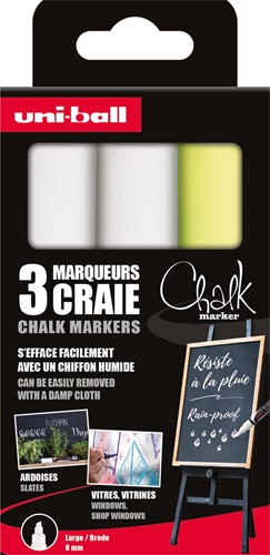 Uni-ball marqueur à la craie, pointe biseautée 8 mm, étui de 3 pièces, assorti