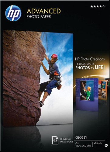 HP Advanced fotopapier ft A4, 250 g, pak van 25 vel, glanzend 25 Vel