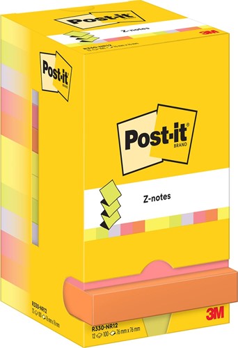 Post-it Z-notes, 100 feuilles, ft 76 x 76 mm, paquet de 12 blocs, couleurs assorties néon