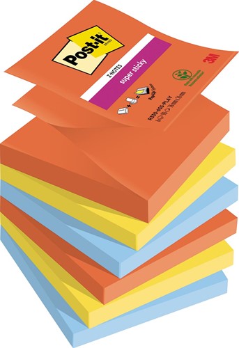 Post-it Super Sticky z-notes Playful, 90 feuilles, ft 76 x 76 mm, couleurs assorties, paquet de 6 blocs 6 Stuk