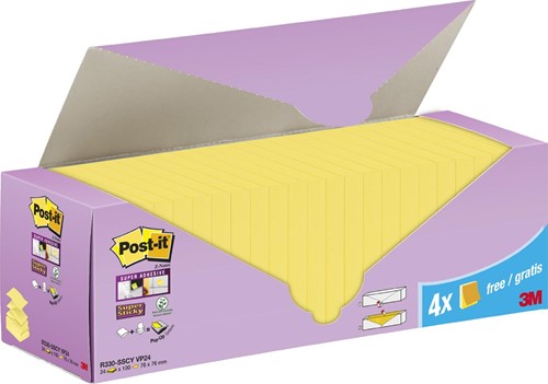 Post-it Super Sticky z-notes, 90 feuilles, ft 76 x 76 mm, boîte de 20 + 4 gratis, jaune
