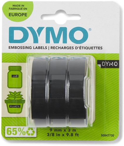 Dymo D3 tape 9 mm, wit op zwart, blister van 3 stuks 3 Stuk