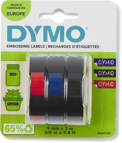 Dymo D3 tape 9 mm, geassorteerde kleuren, blister van 3 stuks 3 Stuk