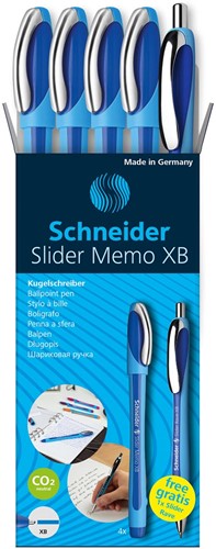 Schneider balpen Slider Memo, extra breed, blauw, 4 stuks + 1 Rave GRATIS