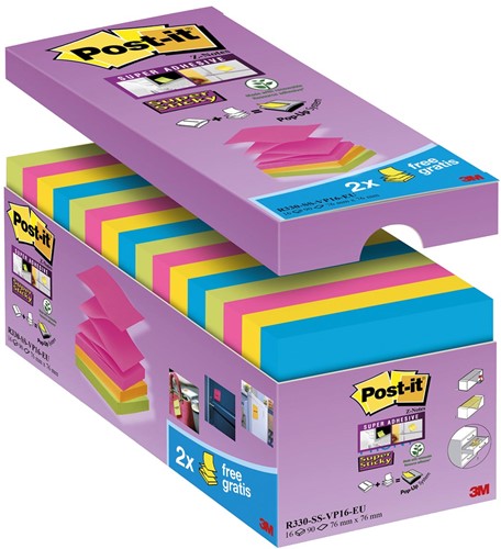 Post-it Super Sticky Z-notes, 90 vel, ft 76 x 76 mm, doos van 14 + 2 gratis, geassorteerde kleuren 16 Stuk