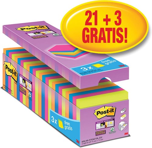 Post-it super Sticky notes, 90 feuilles, ft 76 x 76 mm, couleurs assorties, paquet de 21 blocs + 3 gratui 24 Stuk