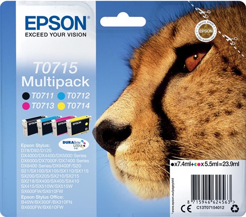Epson cartouche d'encre T0715,250-415 pages, OEM C13T07154012, 4 couleurs 4 Stuk