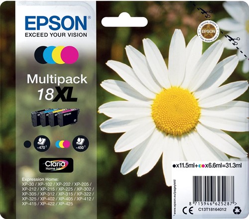 Epson inktcartridge 18XL, 450 pagina's, OEM C13T18164012, 4 kleuren 4 Stuk