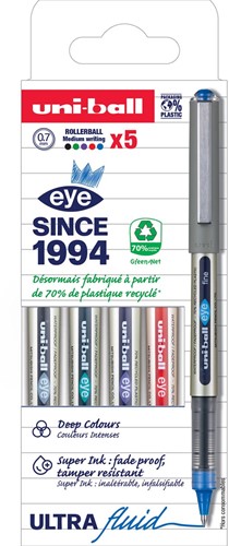 Uni-ball Eye Fine roller, largeur de trait 0,5 mm, étui de 5 pièces en couleurs assorties