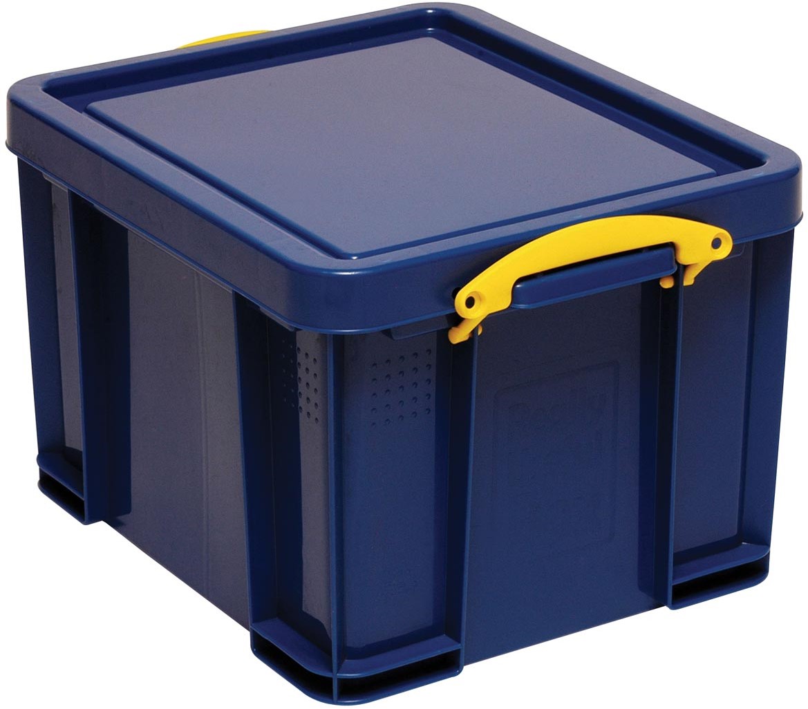 Plenaire sessie Ontdekking Vermoorden Really Useful Box opbergdoos 35 liter, donkerblauw met gele handvaten Meyer